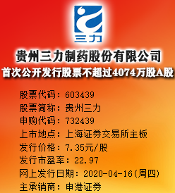 贵州三力今日申购 发行价格为7.35元/股