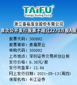 泰福泵业今日申购 发行价格为9.36元/股
