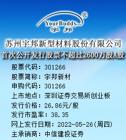 宇邦新材今日申购发行价格为26.86元/股
