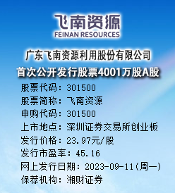 飞南资源今日申购 发行价格为23.97元/股